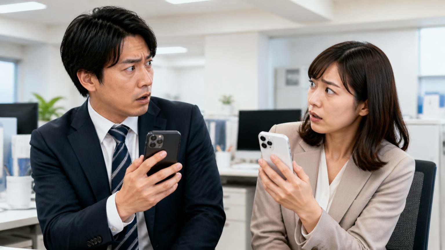 同名の別会社。事務所でスマホ画面を見せ合い困惑した表情で顔を見合わせる男性1人と女性1人
