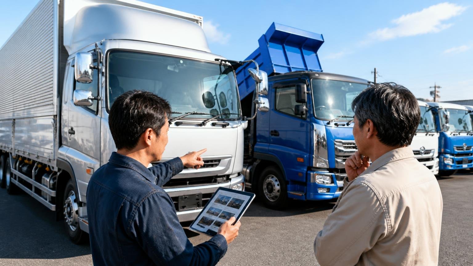 中古トラックを探す場面。展示場に並ぶウイング車とダンプの前でタブレットを見る男性2人が指をさす