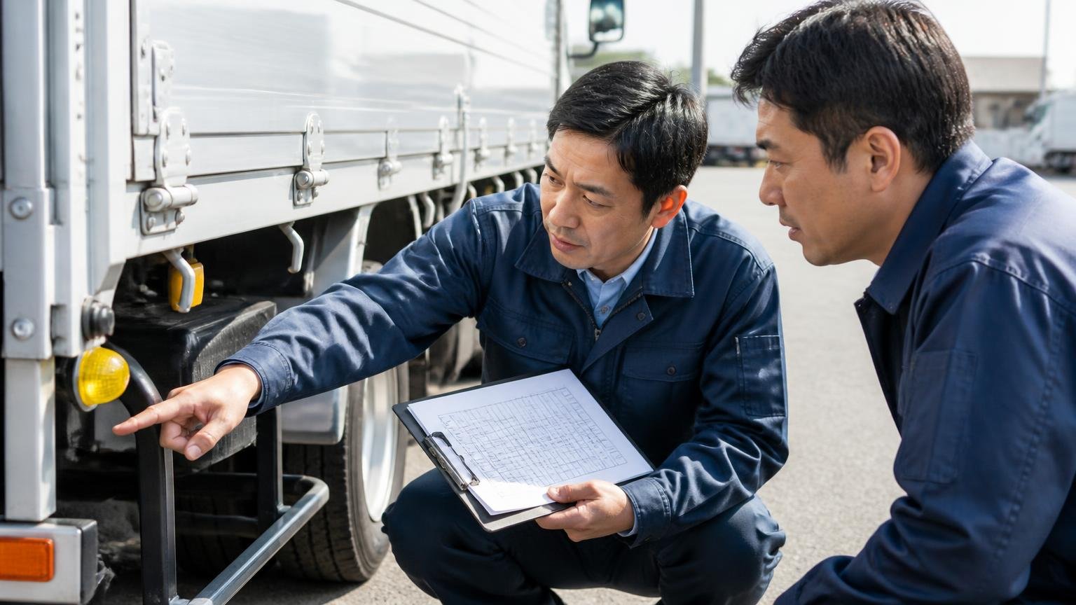 不具合を先に見せる姿勢は売る側にも効く トラックの荷台まわりを確認する屋外 男性2人 チェック表を指さして説明