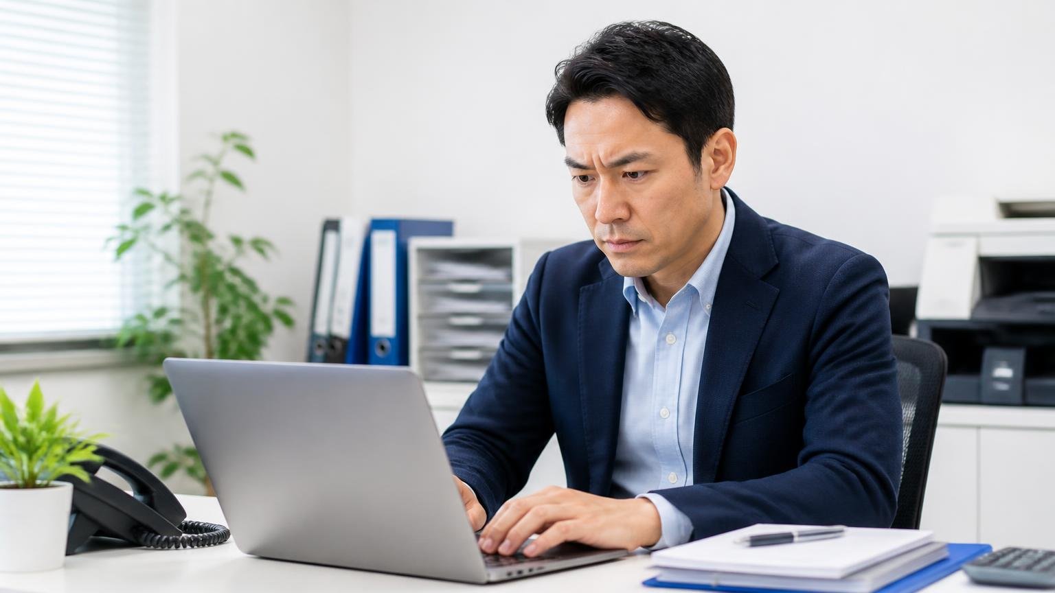 営業電話の問題は申し込む前に自分で消せる 事務所のパソコンで問い合わせフォームの備考欄に条件を書き込む男性1人が真剣な表情