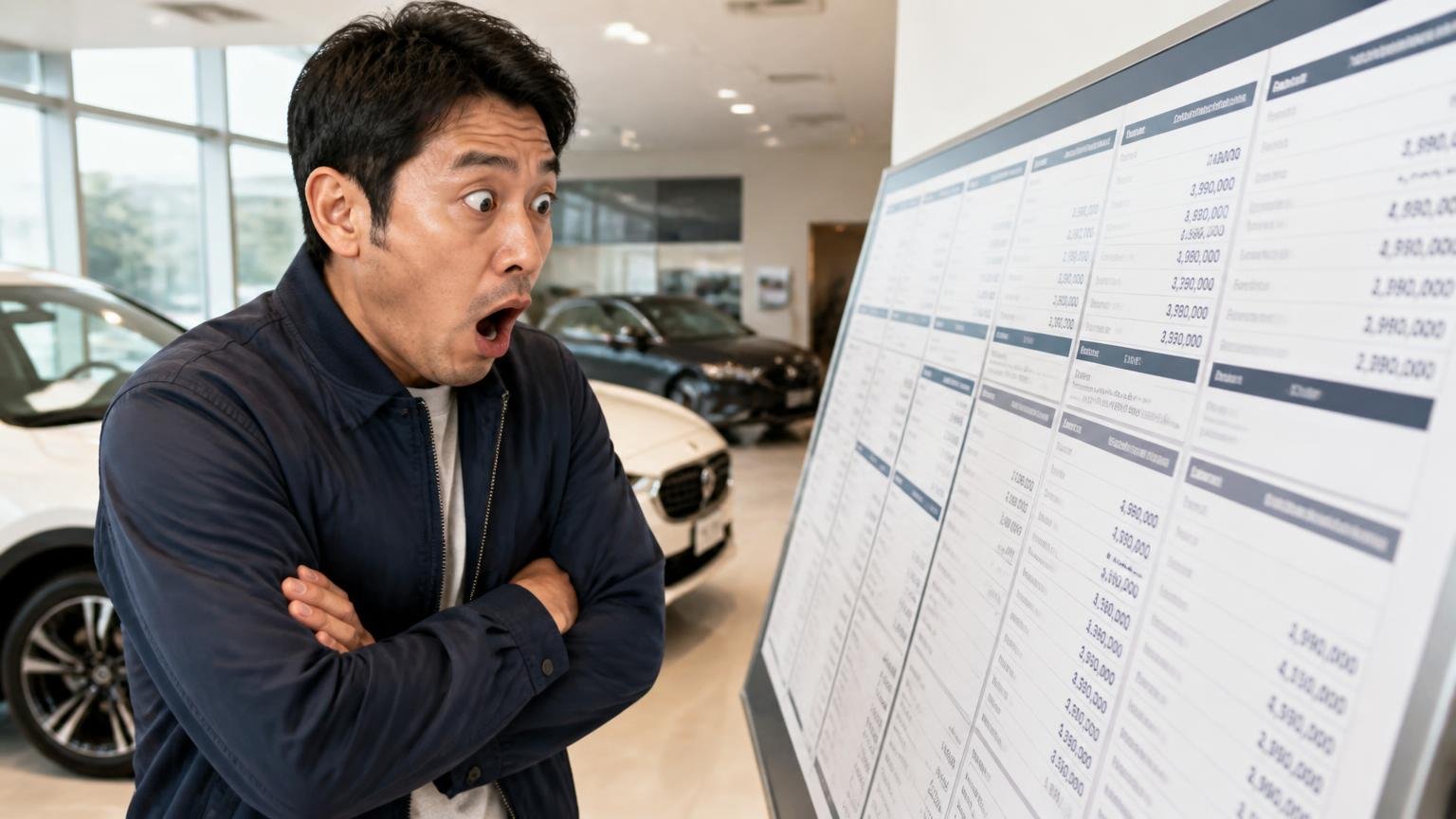 ★1で高い!この5文字が意味を反転させる。展示場の価格表を前に腕を組む男性1人が目を見開く