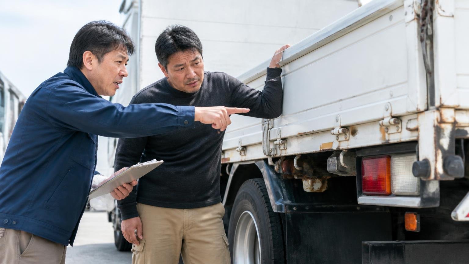 車両状態を隠さず説明してくれる声 トラックの荷台まわりを一緒に確認する屋外 男性2人 指差す