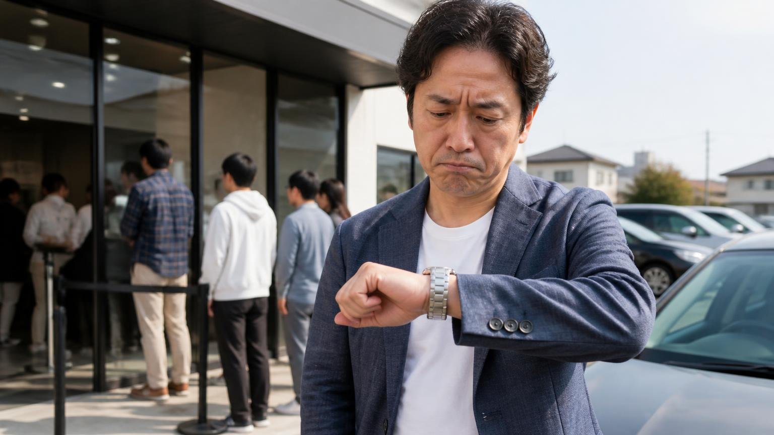 悪い口コミ|来店時の待ち時間、接客のタイミング、保証期間後の不具合、販売店の駐車場で腕時計を見てため息をつく男性1人