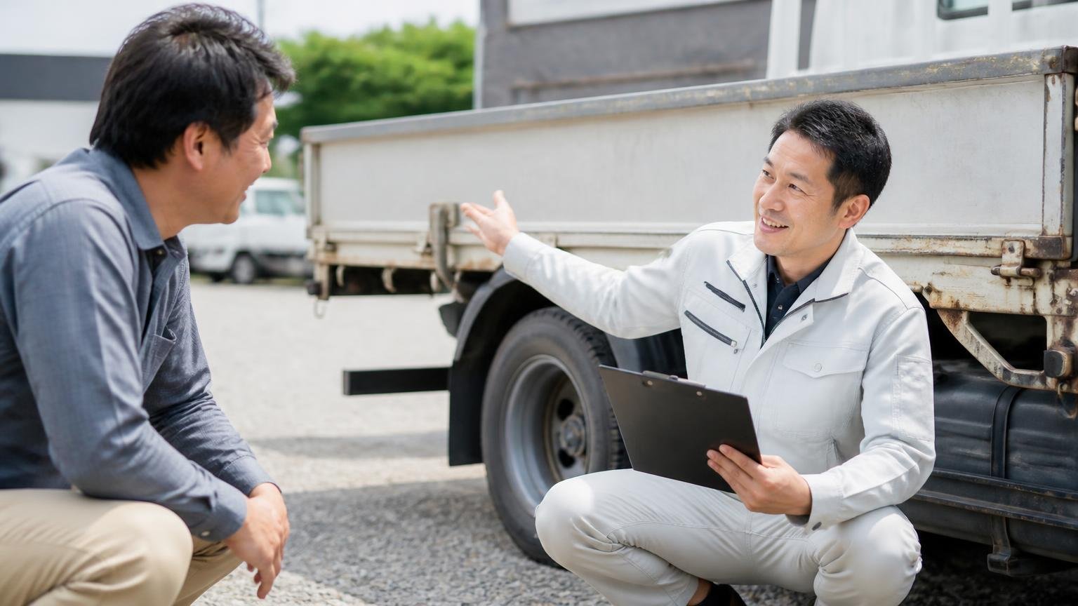 ワンオペ業者に売るメリットとデメリット トラックの荷台まわりを確認する屋外で作業着の査定員1人と依頼主の男性が笑顔で話し合う