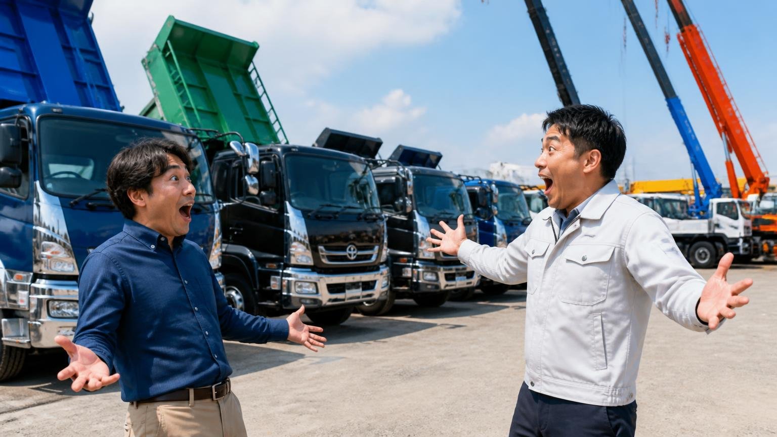 「トラックの種類が多い」「他社より安価」という声 屋外展示場に並ぶダンプやクレーン車の前で両手を広げて驚く男性2人