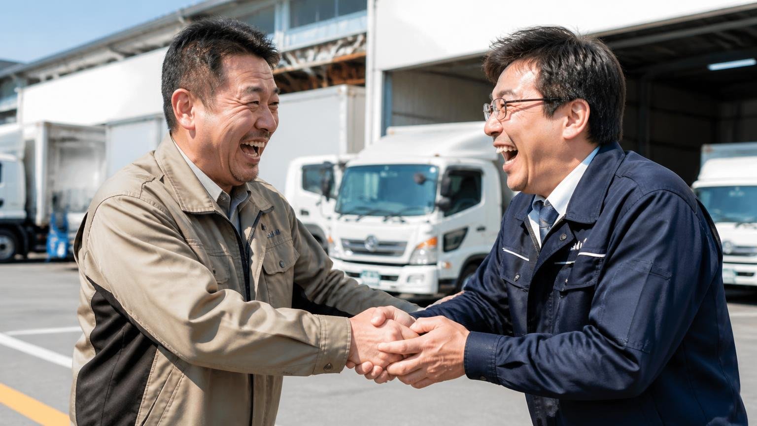 難しい条件でも粘ってくれた、何度も利用しているという声(営業所の車庫で、なじみの客とスタッフが握手して大笑いする)