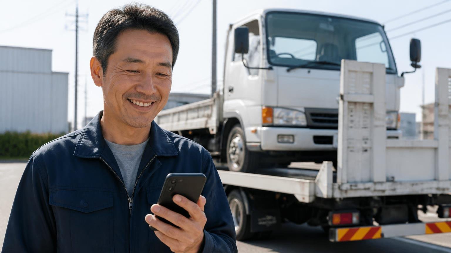 対応が早く、ネット経由・遠方の取引もスムーズだった、積車に載せられるトラックの前でスマホを見て笑顔になる40代男性1人