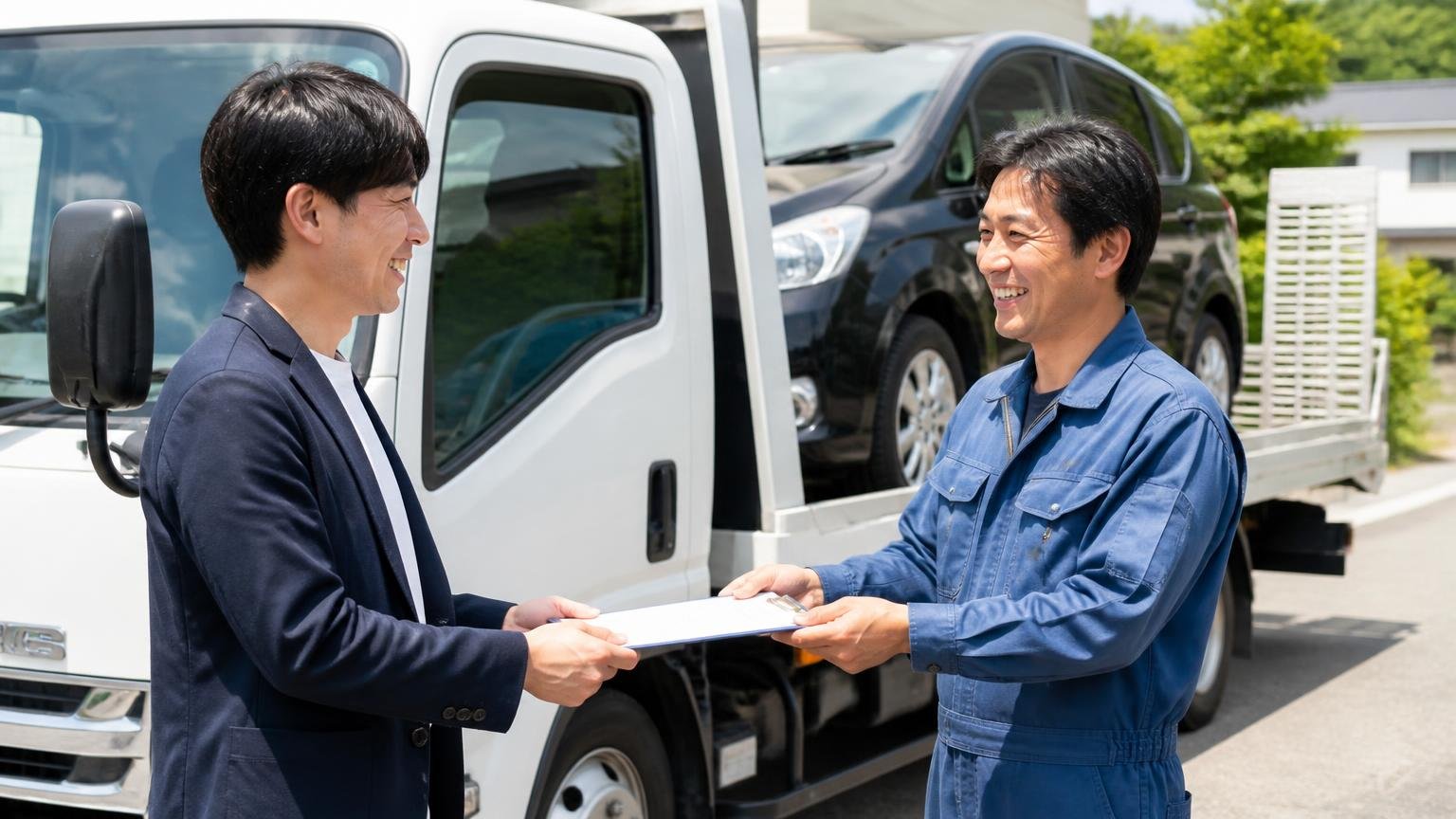 車両の引き取りに来た側からも「凄く対応が良かった」という声(積載車の横で、ドライバーと作業着の男性がにこやかに書類を受け渡す)