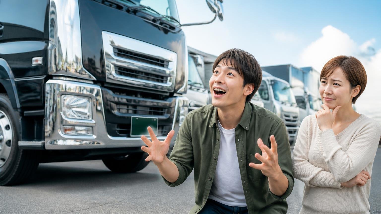 ★5の「トラックカッコいい」は、買取の評価とは限らない、展示場のトラックを見上げて目を輝かせる若い男性と、横で苦笑する女性