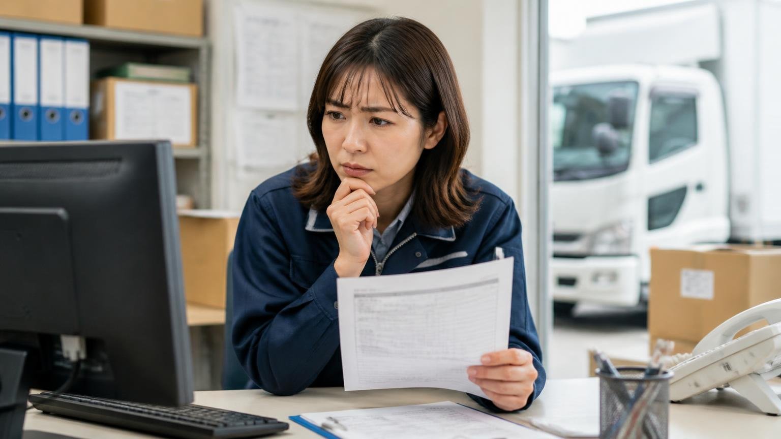 公式の買取ページで確認できなかった4つの条件 運送会社の事務所でパソコン画面と印刷した見積書を見比べて眉をひそめる事務担当の女性