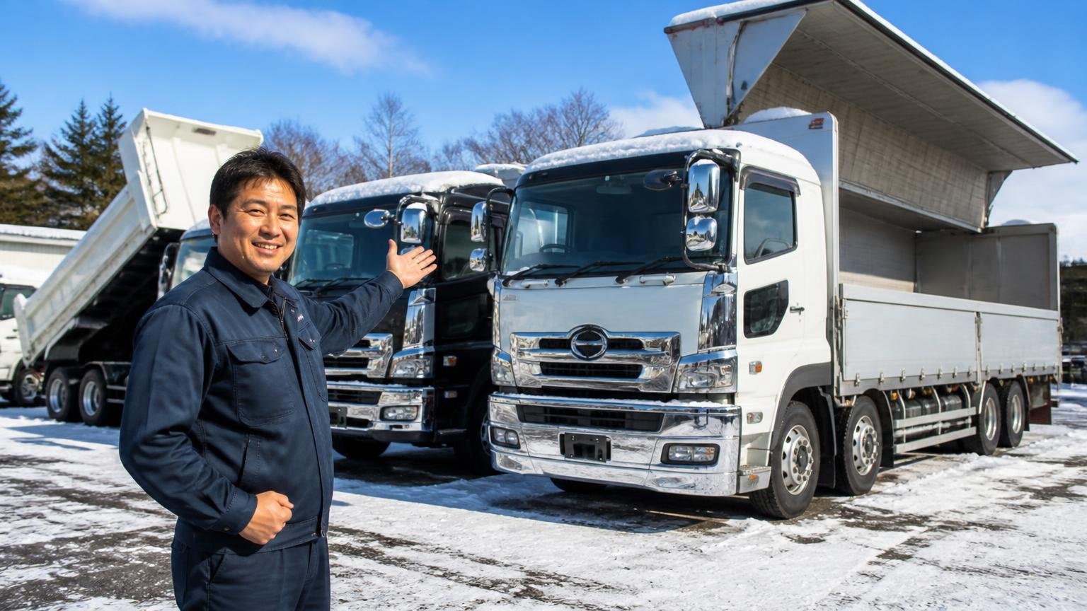 4WD・架装車が得意な「販売店型」の買取業者という強み｜雪の残る展示場に並ぶ4WDのウイング車とダンプの前で、作業着の男性1人が誇らしげに車両を指す