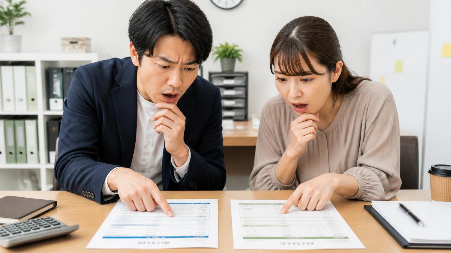 金額を比べる相手の選び方 事務所の机に2枚の見積書を並べて見比べる男女2人が身を乗り出す
