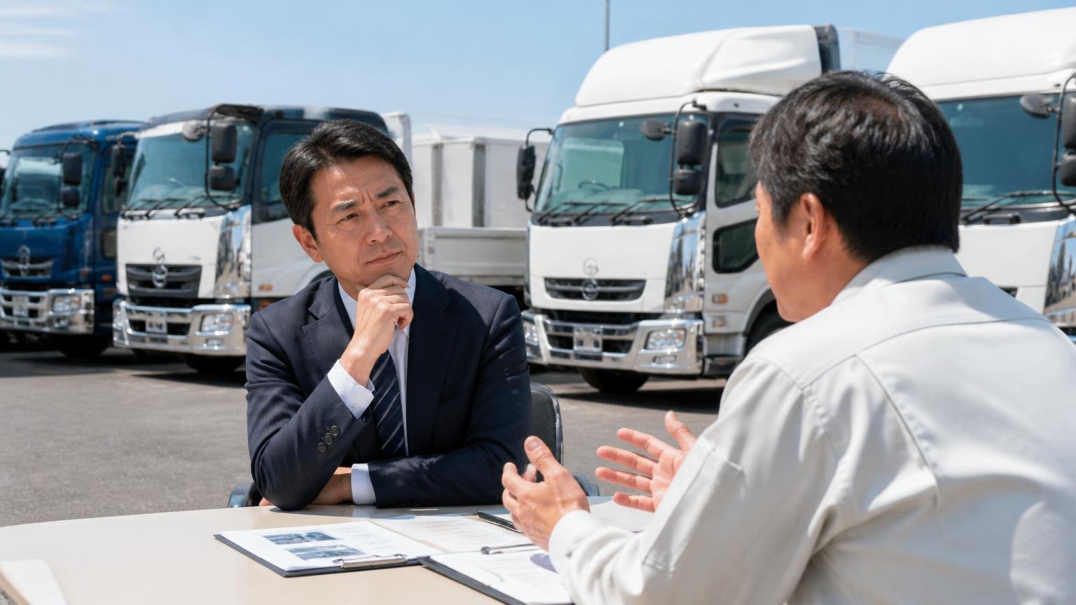 口コミが少ないのは危ない会社だからかを考える。トラックが並ぶ屋外の展示場で業者同士が商談する場面
