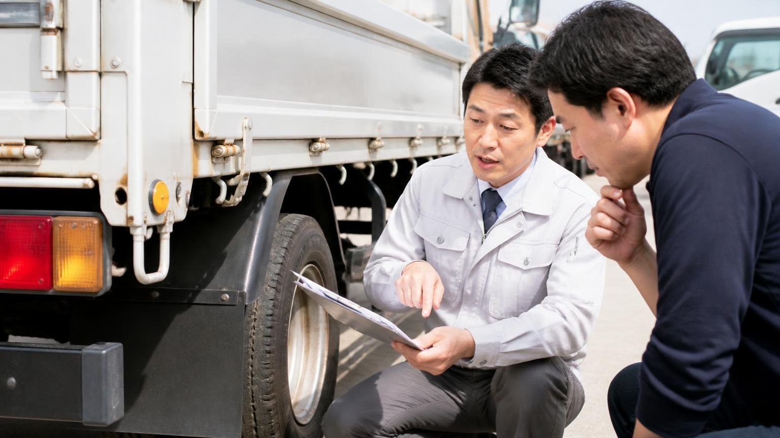 電話の概算金額は見積もりではない｜トラックの荷台まわりを確認する屋外で査定士が書類を指さして説明する