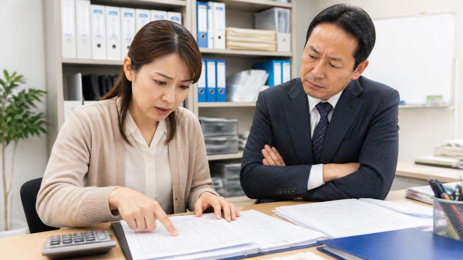 「無料」の範囲は業者ごとに違う 事務所で見積書の項目を指でなぞって確かめる女性事務員と、腕を組んで考える社長