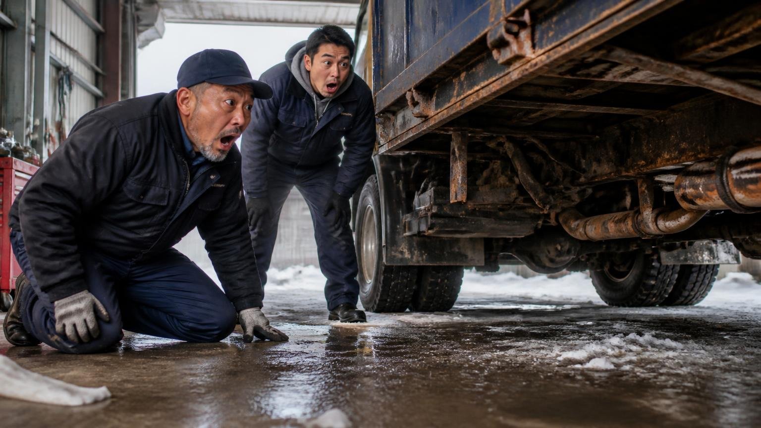 県全域が豪雪地帯で融雪剤のサビは必ず見られる 雪の残る車庫でトラックの下回りをのぞき込み驚く整備士と運転手2人