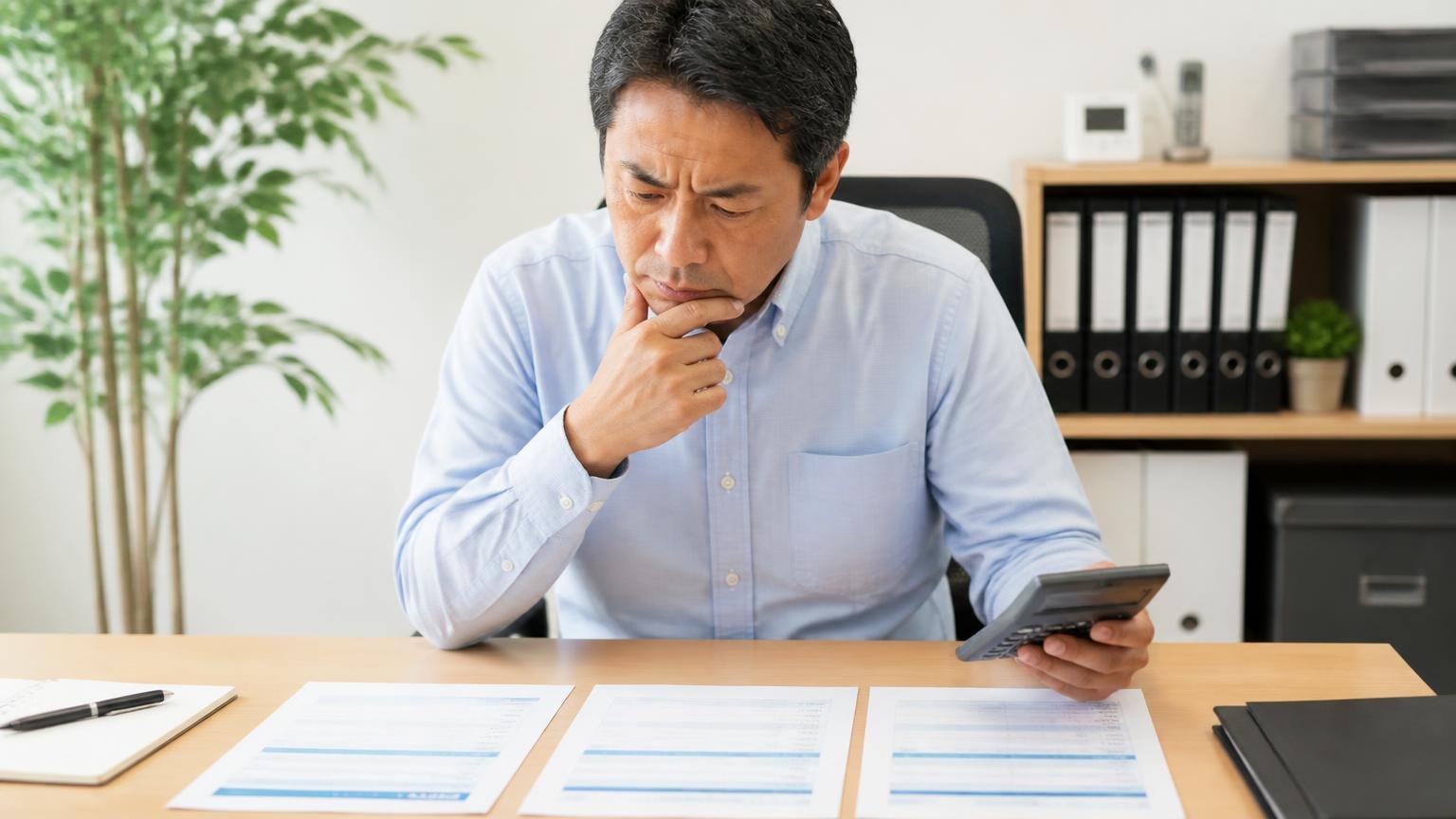 査定料・出張費・名義変更代行の「無料の範囲」を比べる｜事務所の机に見積書を3枚並べ、電卓を手に真剣に見比べる中年男性
