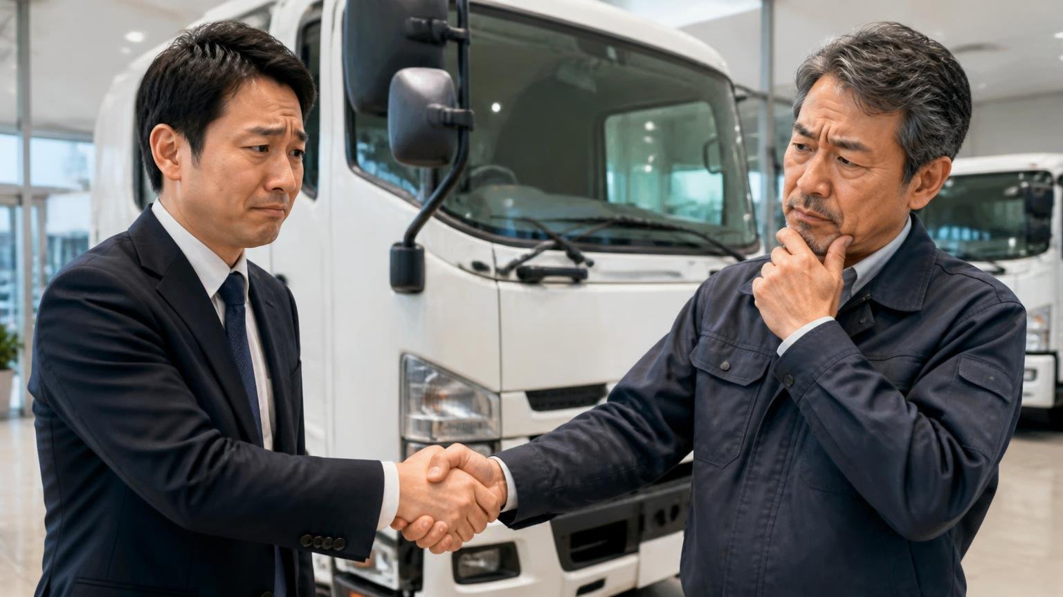 ディーラー下取りや一括査定が向いている人もいる トラック販売店の店頭で新車の横に立つ営業担当と運送会社の社長が握手しつつ悩む表情