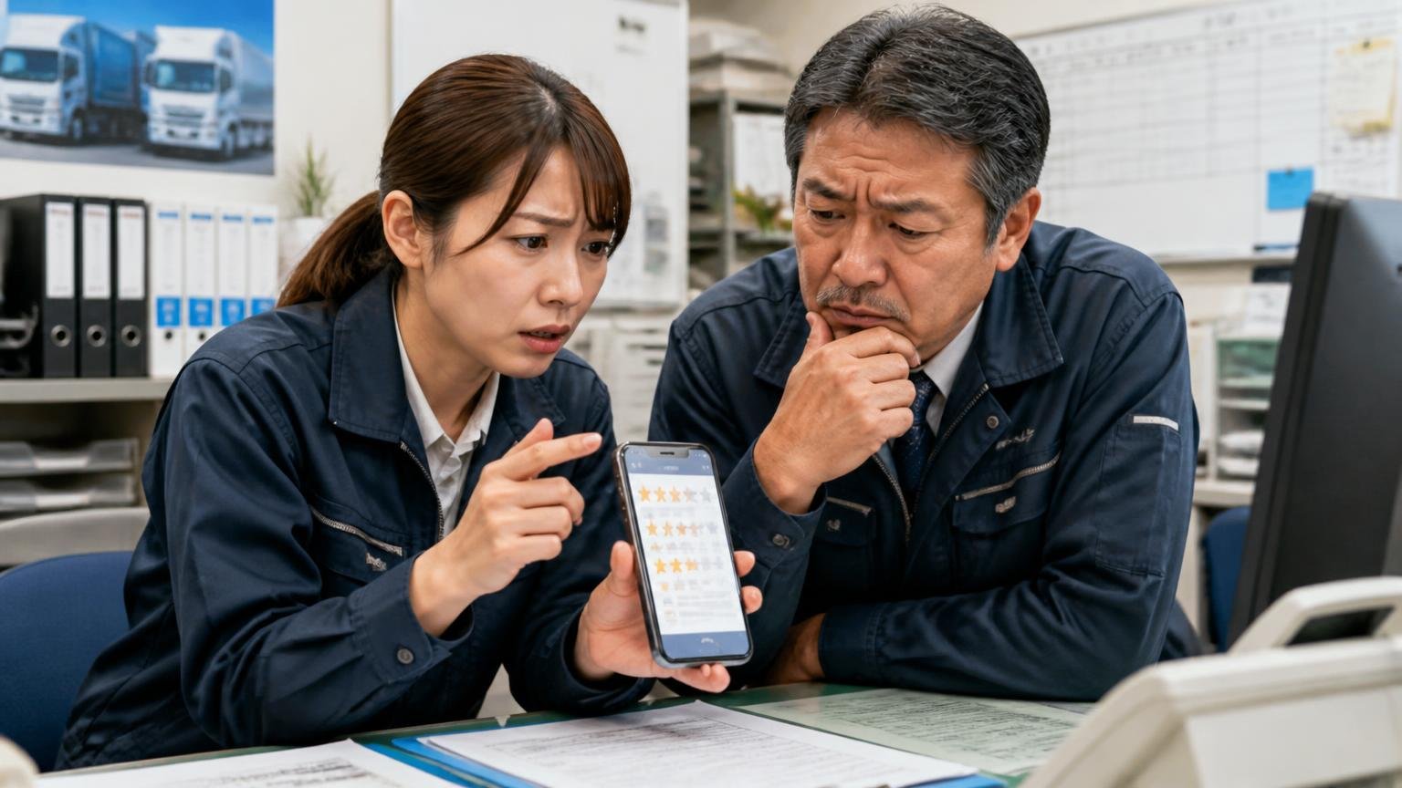 口コミの星の数だけで業者を決めない 運送会社の事務所でスマホの口コミ画面を見せながら相談する女性事務員と社長が困った表情