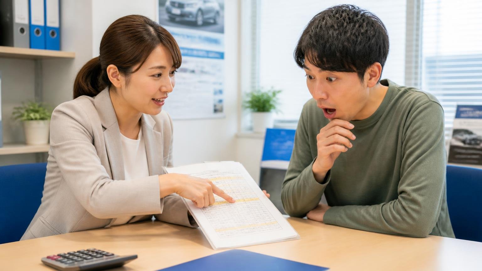 査定料・出張費・レッカー代・書類代行がどこまで無料か確かめる、事務所で見積書の内訳を指さす30代女性と驚く20代男性