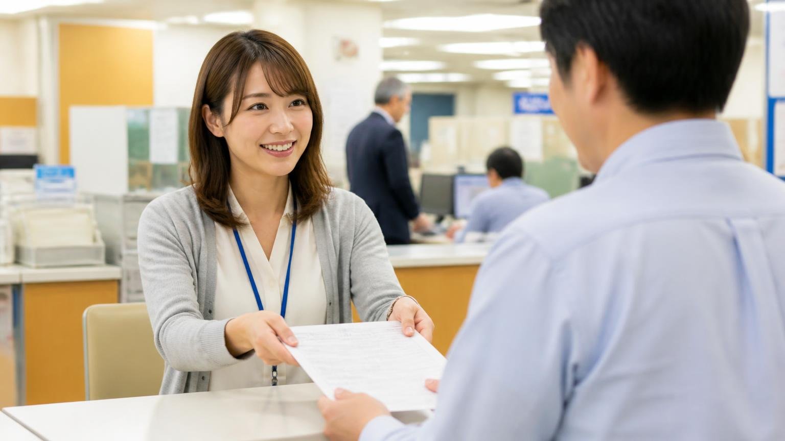 名義変更・抹消の窓口は秋田運輸支局と軽自動車検査協会 秋田事務所|役所の窓口で書類を受け取る30代女性の事務担当