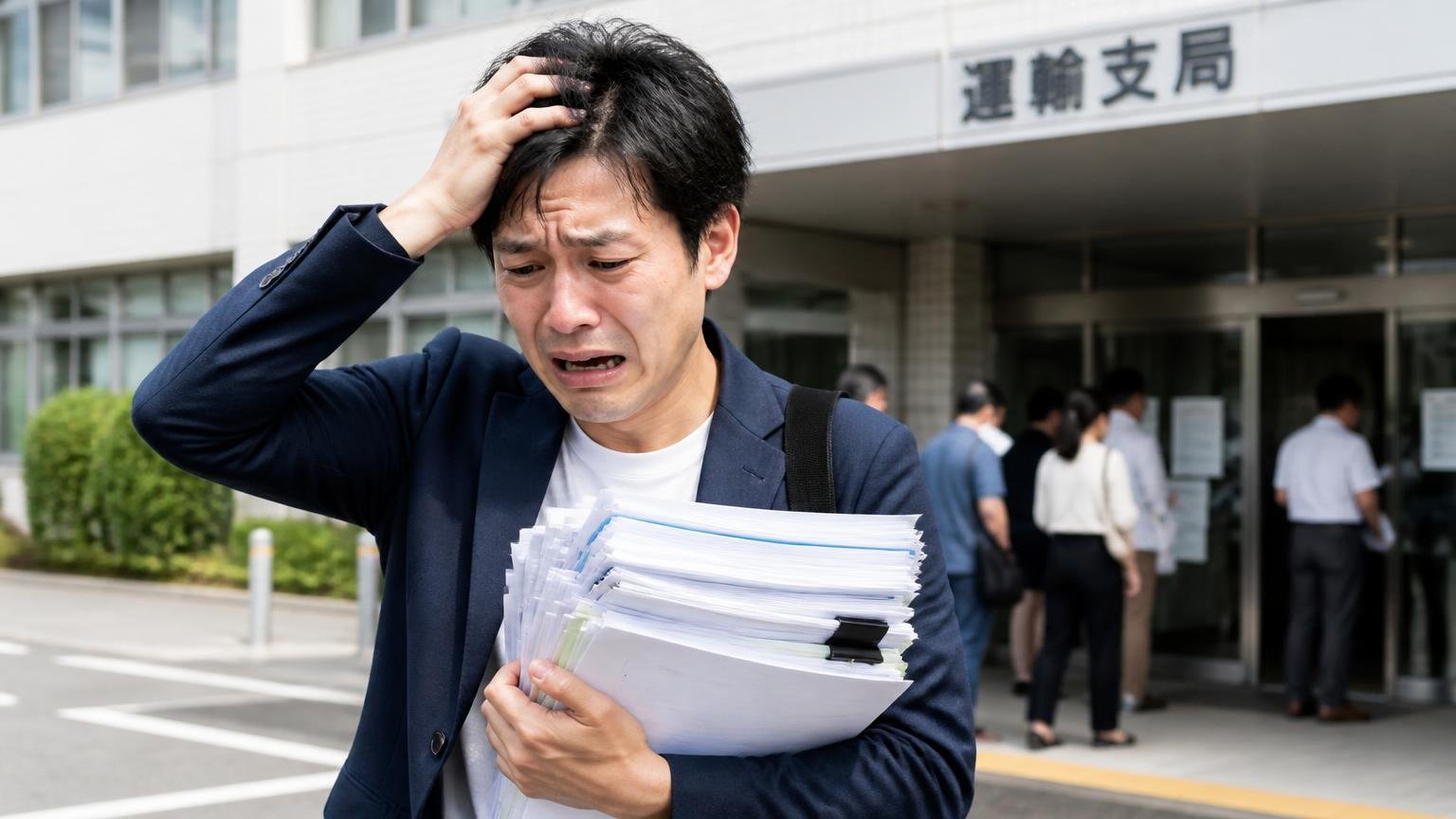 名義変更・抹消を代行してくれるか。運輸支局の窓口前で書類の束を抱え頭を抱える個人事業主の男性