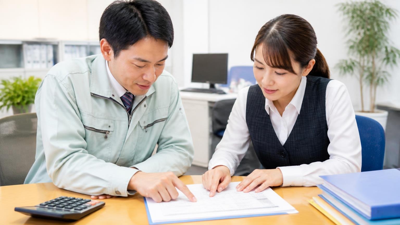査定料・出張費・引取り・書類代行が「どこまで無料か」:事務所の机で作業着の男性と女性事務員が見積書を指でなぞり、項目を一つずつ確認する