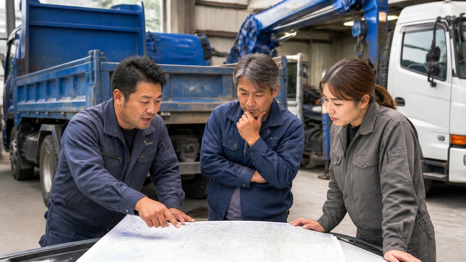 車種と地域で選ぶ、自分のトラックに合う業者の見つけ方 車庫でダンプとクレーン付きトラックを前に地図を広げて相談する3人