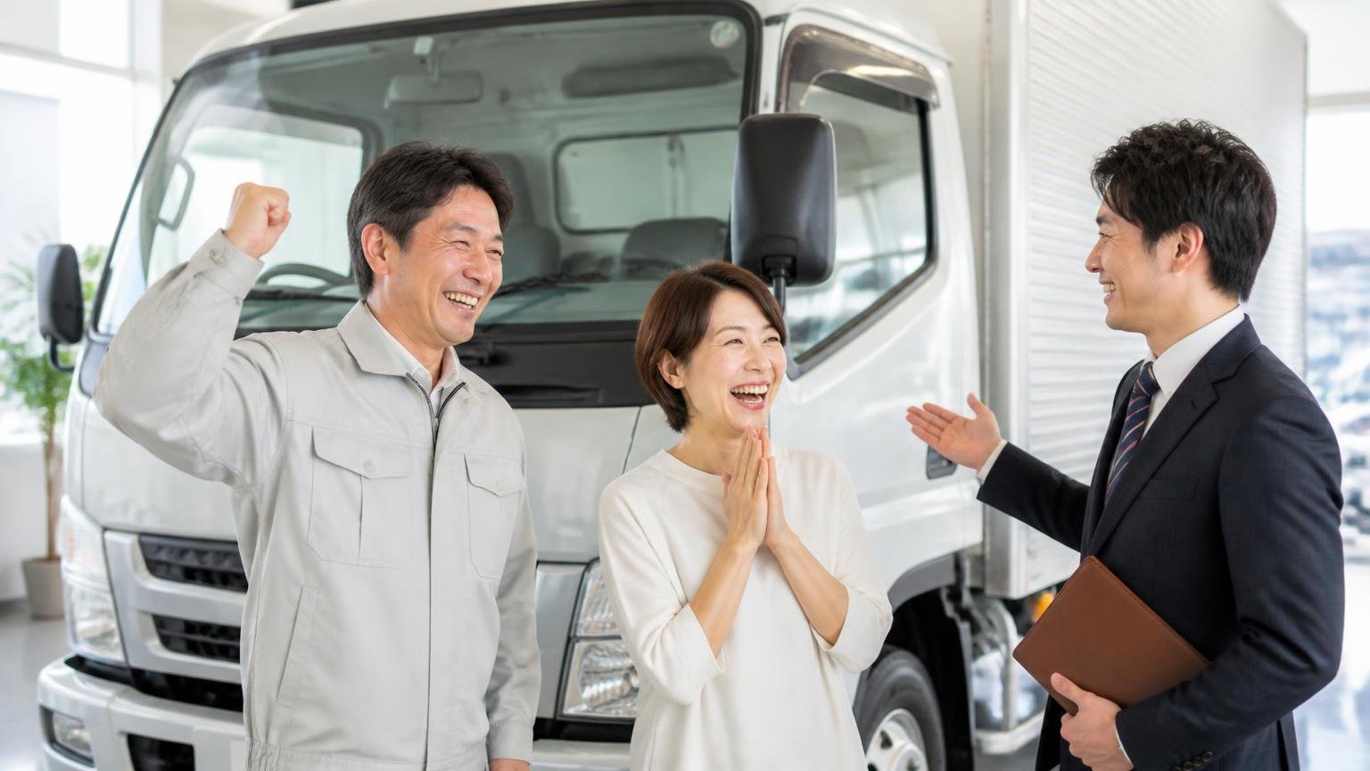 ディーラー下取りや一括査定が向いている人もいる ディーラーの店頭で新車トラックの納車を受けて喜ぶ運送会社の夫婦と営業担当