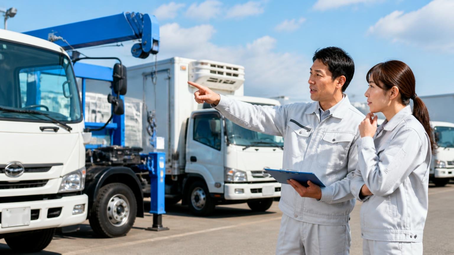 得意な車種と買い取った後の行き先を見る、中古トラックの展示場でクレーン付きトラックや冷凍車を指さしながら説明を聞く作業着の男女2人