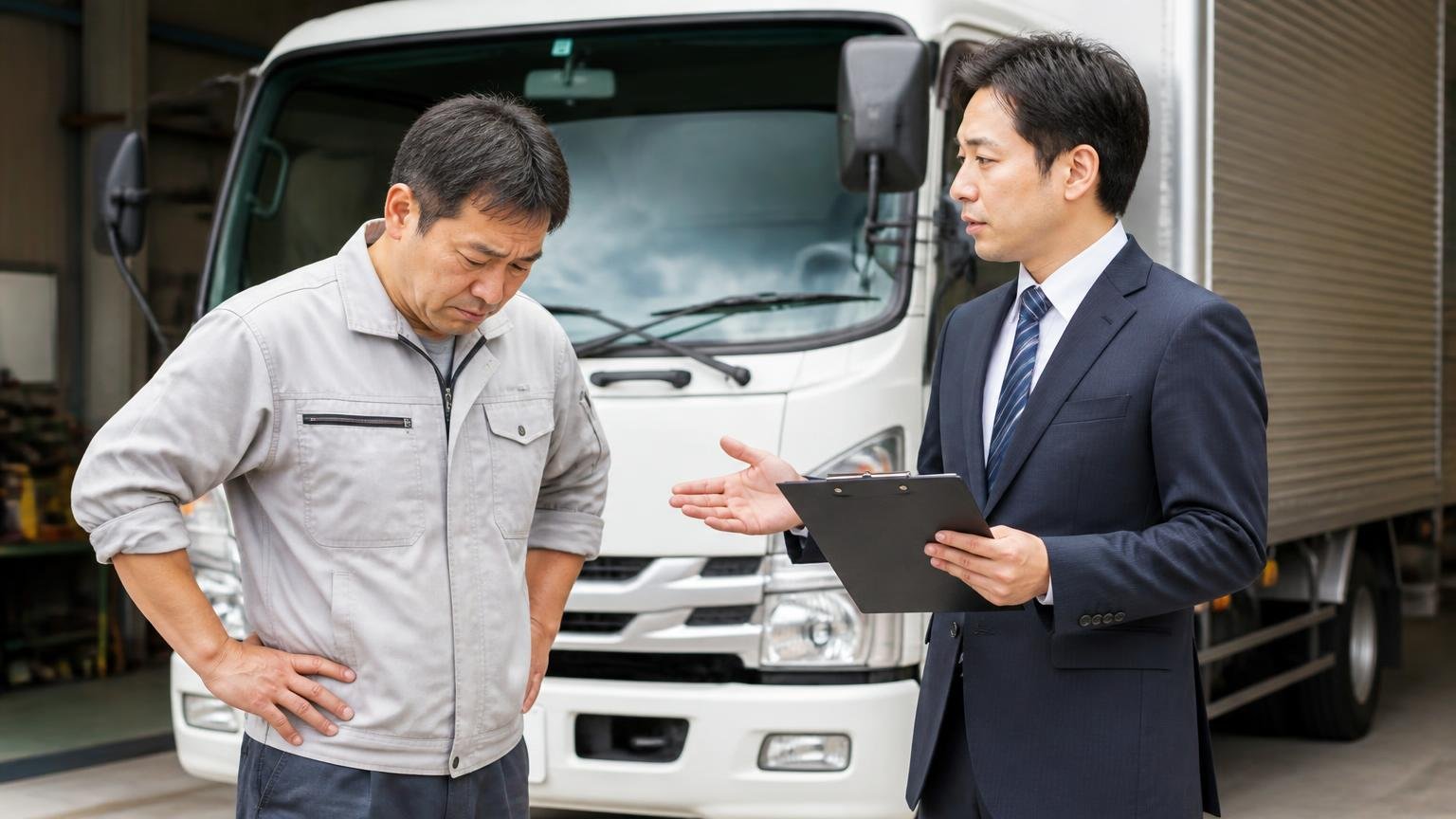 規制で急いで売ると足元を見られる 車庫の4tトラックの前で査定員に低い金額を告げられ肩を落とす作業着の男性と査定員の2人