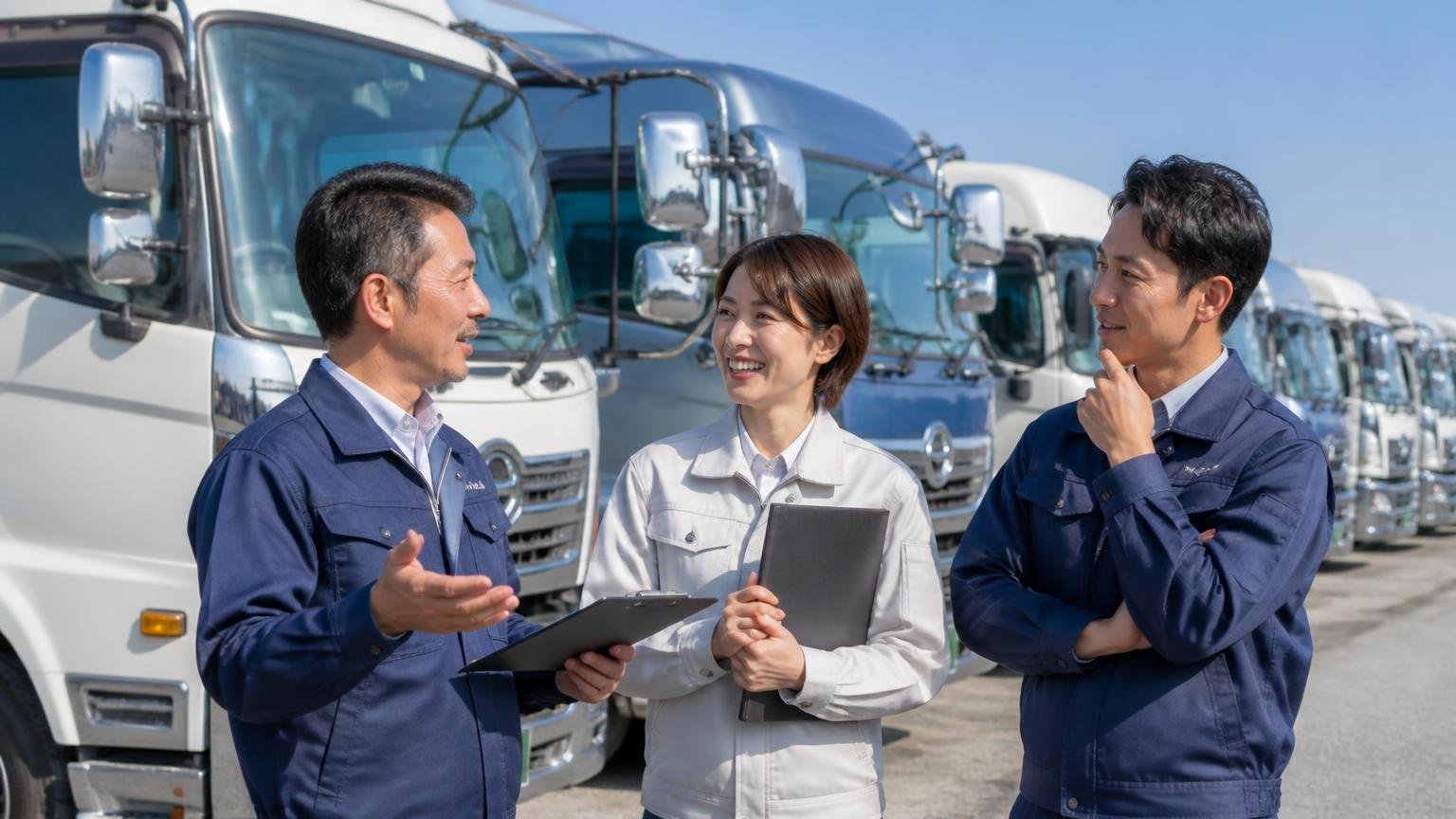 登録トラックは約11.8万台｜売り先は地元だけで決めなくていい｜運送会社の駐車場に並ぶトラックの前で相談する男女3人