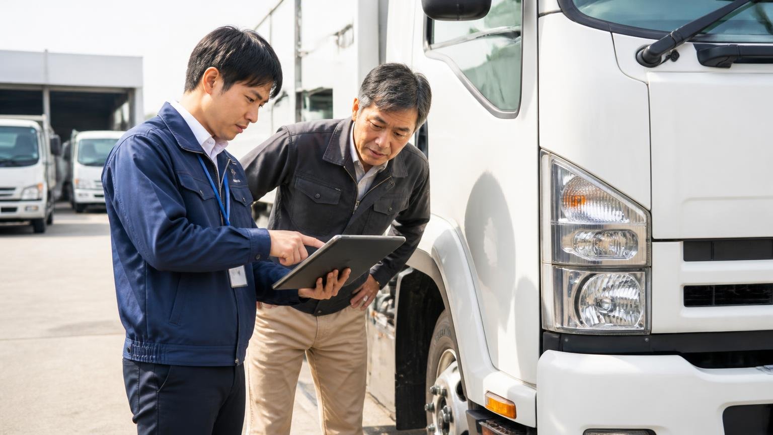 全国対応の買取業者の強み、運送会社の車庫で査定員がタブレットを手に4tトラックを確認し社長が身を乗り出す場面