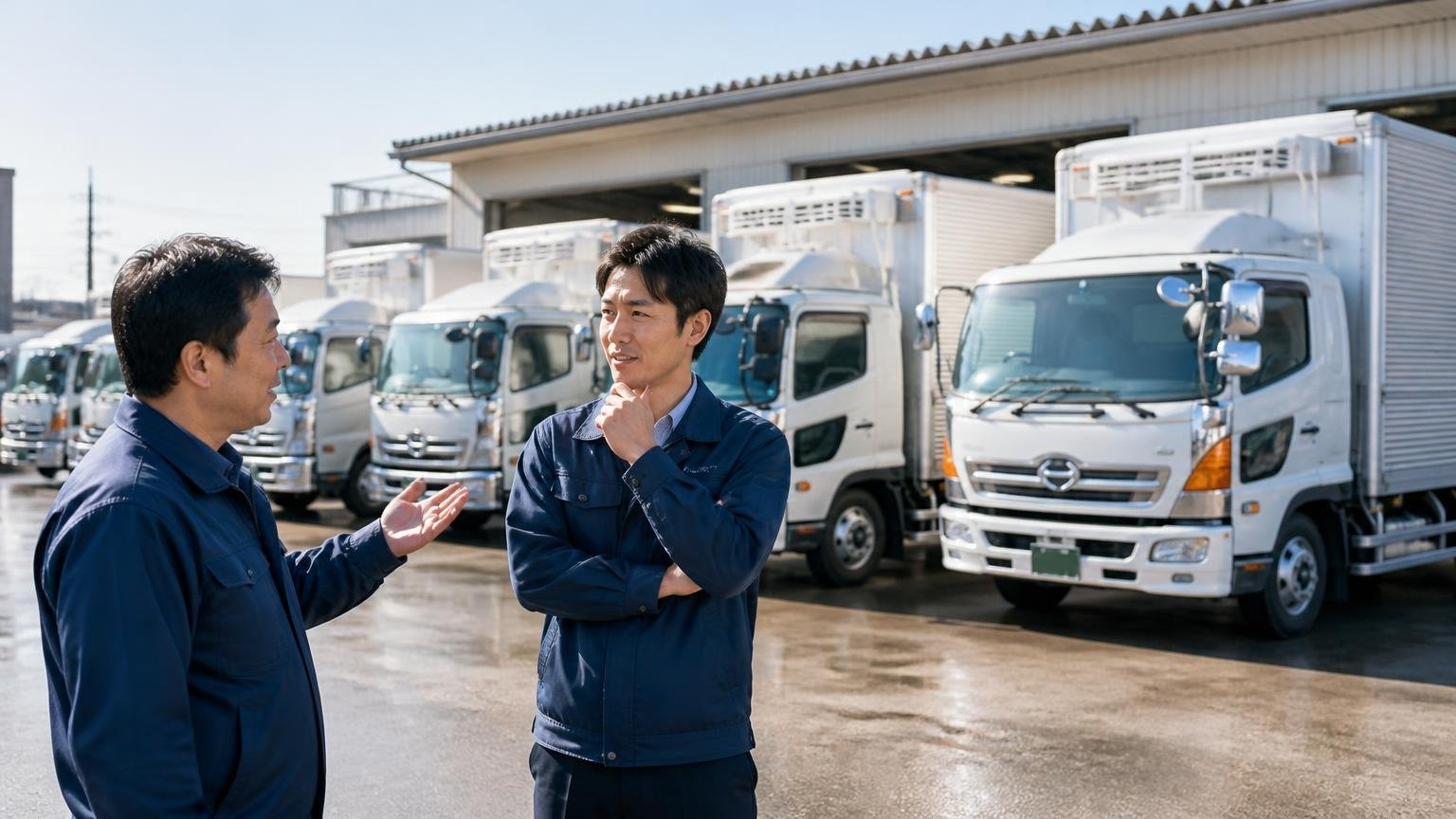 普通貨物車の4割は金沢市|売り先は地元だけで決めなくていい|金沢の運送会社の車庫に並ぶトラックの前で相談する男性2人