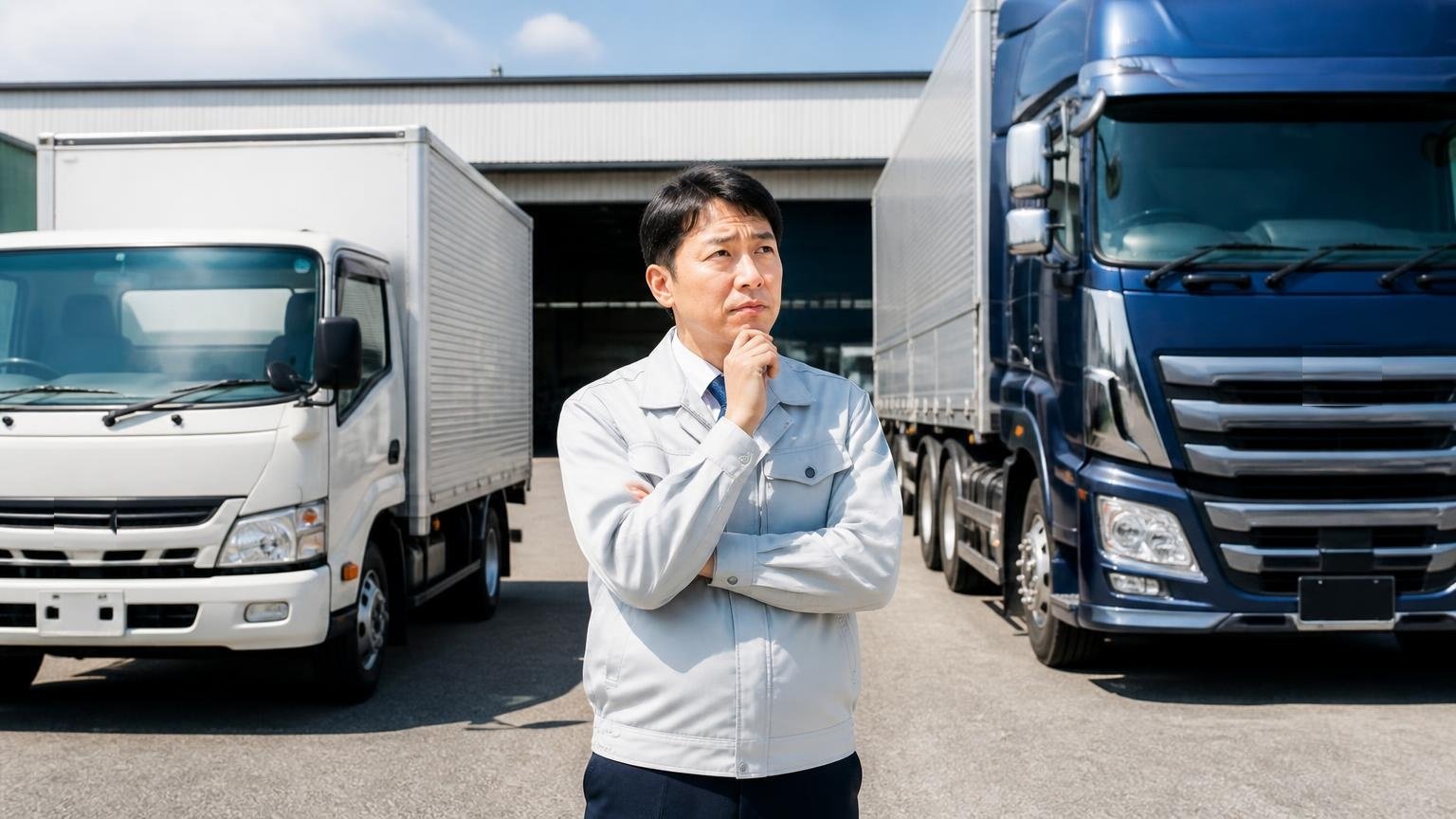 「おすすめ」を1社に決められない理由は、得意な車格と架装が違うから 車庫の小型トラックと大型トレーラーの前で腕を組んで考える査定員