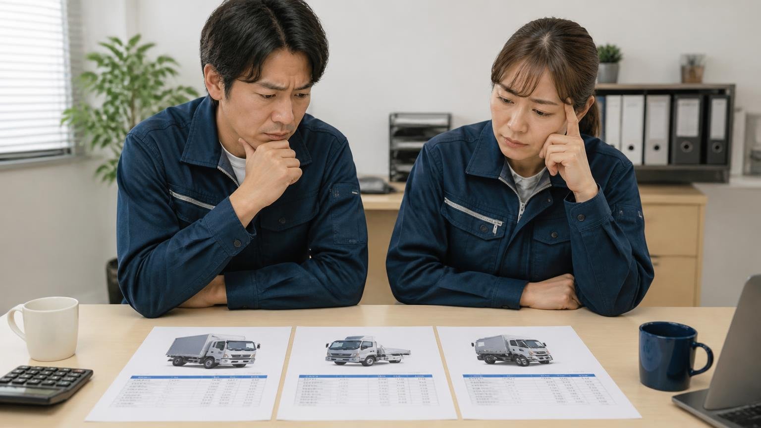 全国対応の買取業者を並べると、金額の物差しができる 事務所の机に3枚のトラックの見積書を並べて見比べる運送会社の夫婦