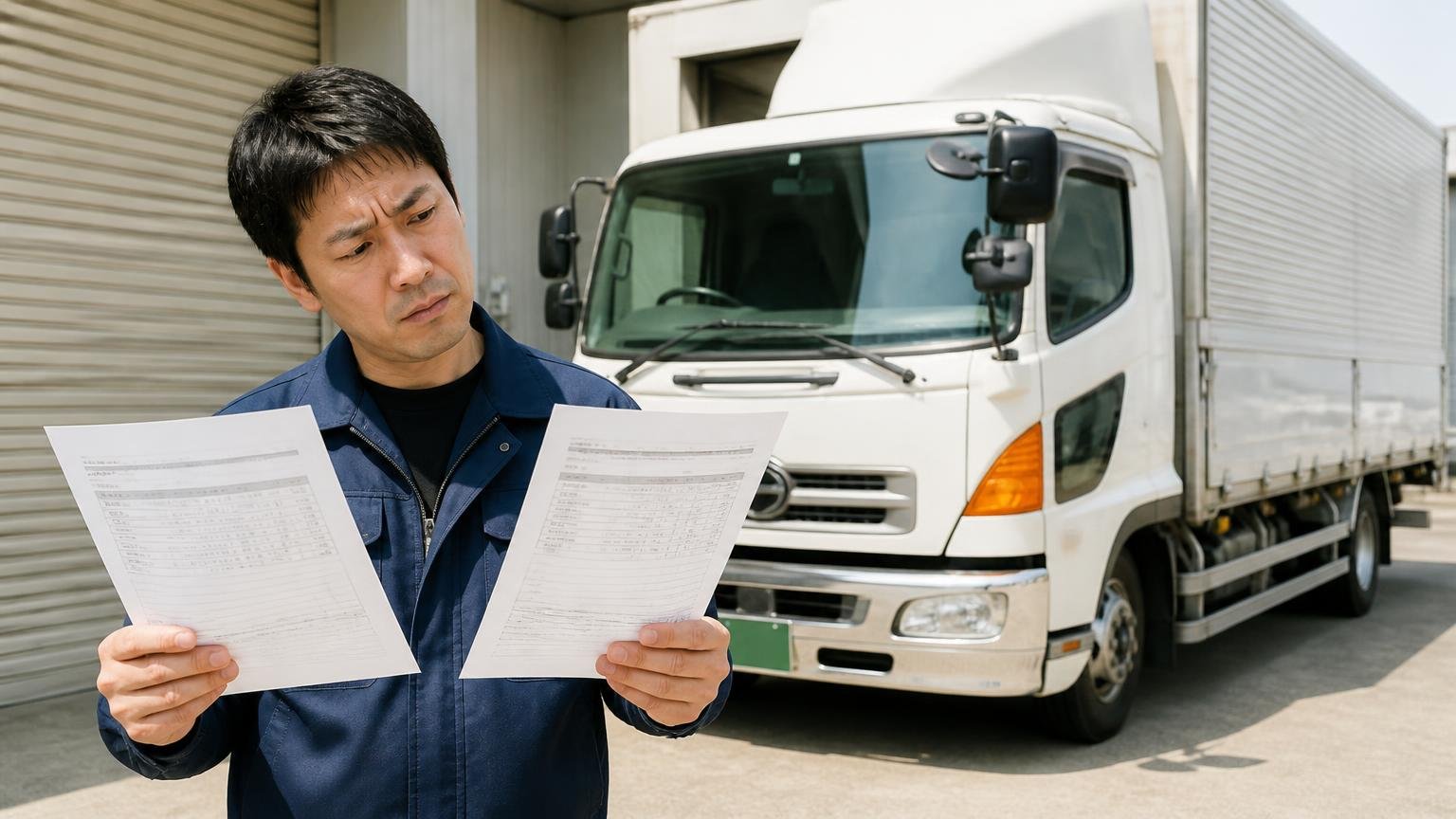 地元業者と全国対応の買取業者は得意なことが違う 車庫に停めた4tウイングの前で2枚の見積書を見比べて首をかしげる男性