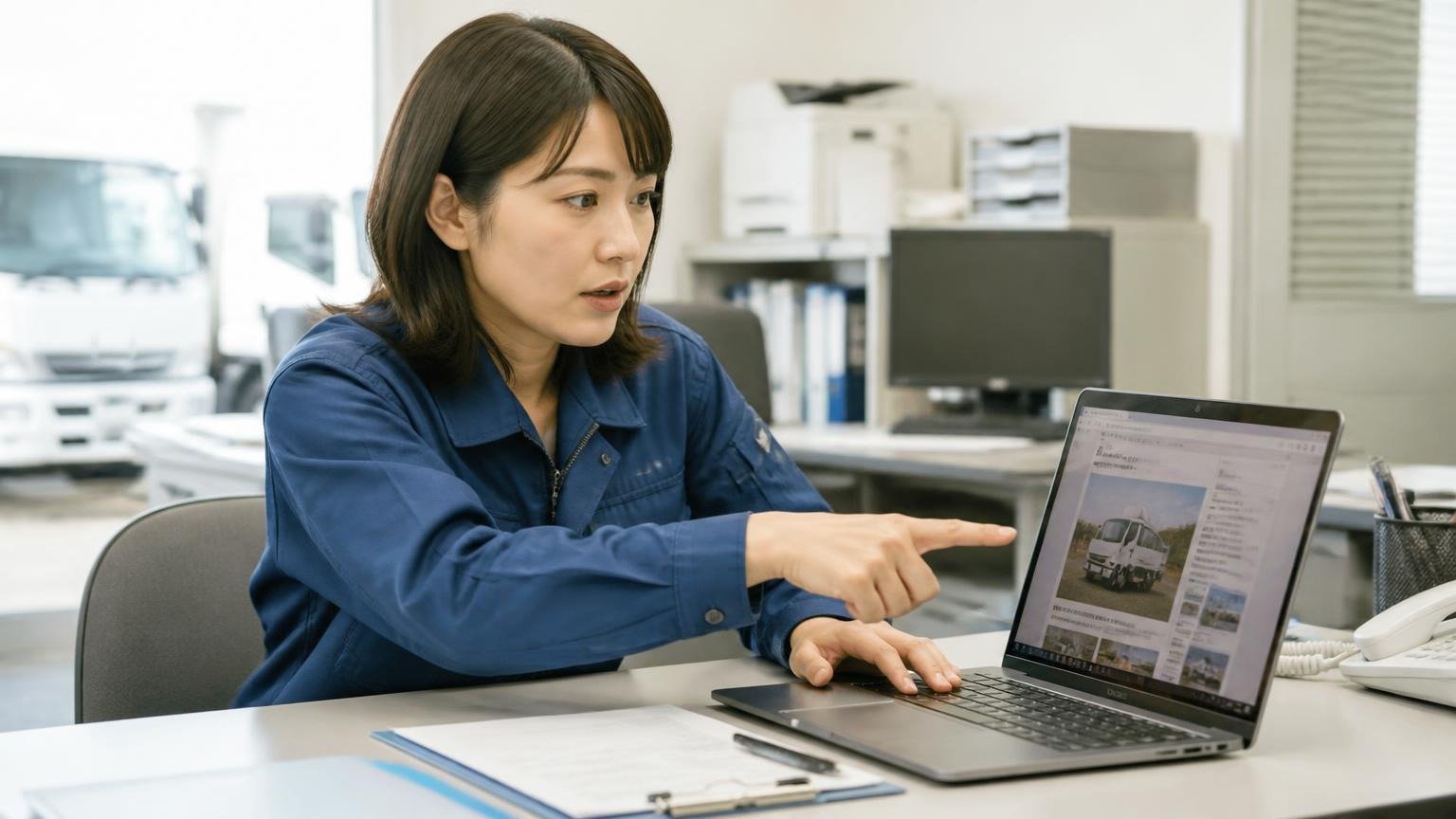 地元業者の口コミは見つからないから★の数より公開情報で確かめる(運送会社の事務所でトラック買取業者のサイトを見て画面を指さす30代女性1人)