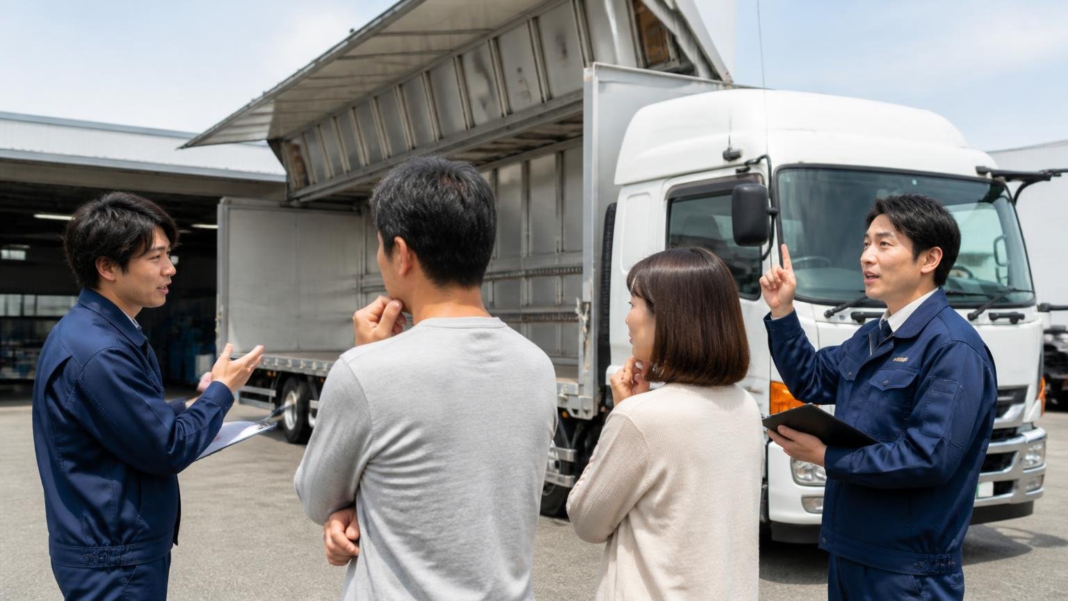 地場業者と全国対応の買取業者、それぞれの得意なこと 営業所の車庫で4tウイングを前に査定員2人の説明を聞き比べる男女