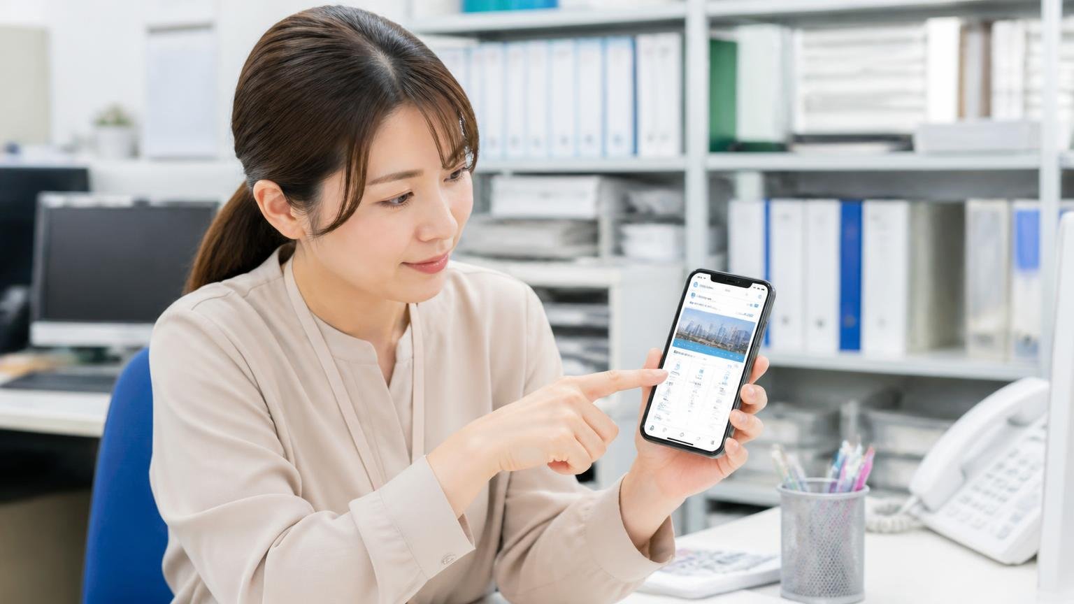 公式サイトで確認したい5つのポイント、事務所のデスクでスマホの業者サイトを見ながら女性事務員が指さし確認する