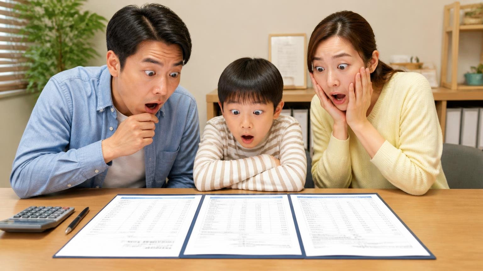 同じ1台に65万円から100万円まで差がついた実例 事務所の机に並べた見積書を見比べて、親子が目を丸くして驚く場面