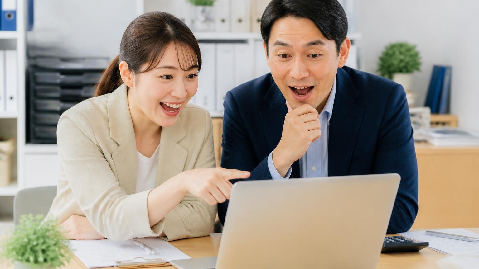 査定料・出張費・書類手続きが「無料」と書かれているかを確かめる、事務所でパソコン画面を指さし確認する女性と男性