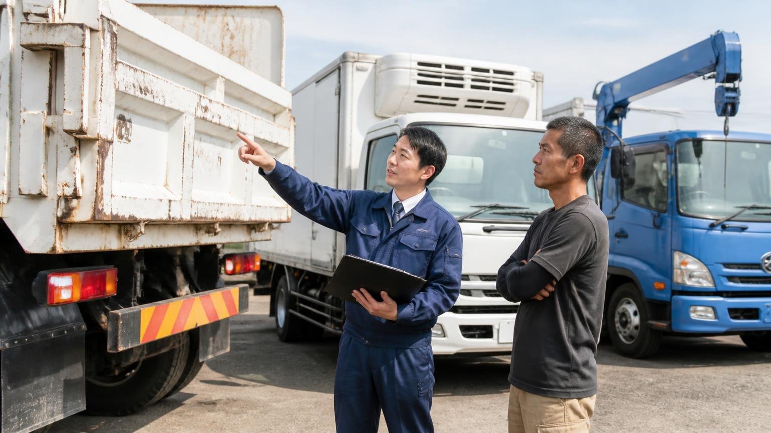 車種と架装に強い業者を見極める|ヤードに並ぶダンプ・冷凍車・クレーン付きトラックの前で査定員が荷台を指さして説明する場面