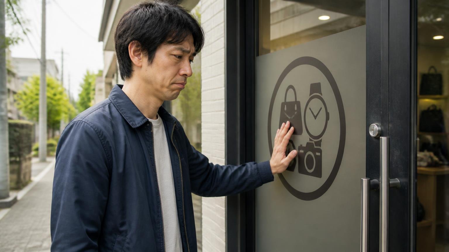 何を買い取ってくれるのか。屋外でドアの社名ロゴに手を触れる男性1人が寂しげな表情
