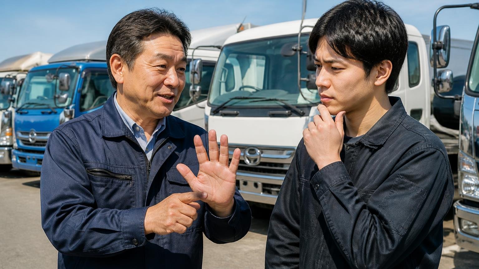 口コミ0件の読み方。トラック展示場の屋外で、ベテラン男性が若い男性に手のひらを見せて説明する