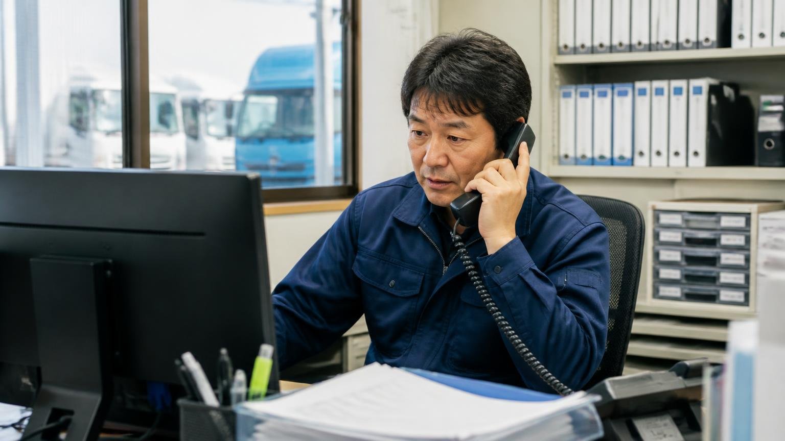 「遠方でも対応してくれる」メールと電話で完結した人も 事務所でパソコン画面を見ながら電話するトラック運転手風の男性1人