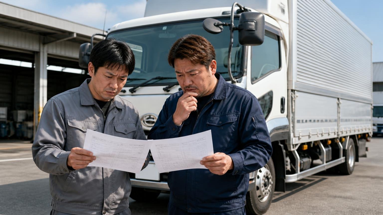 金額が妥当かどうかは口コミでも公開情報でもわからない 営業所の車庫に停まった4tウイングの前 男性2人 見積書を見比べる