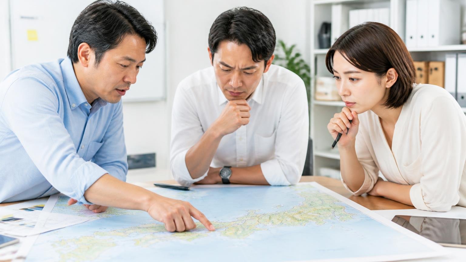 拠点は九州と関東の2エリアという分かれ目、事務所の机に地図を広げた男性2人と女性1人が相談する様子