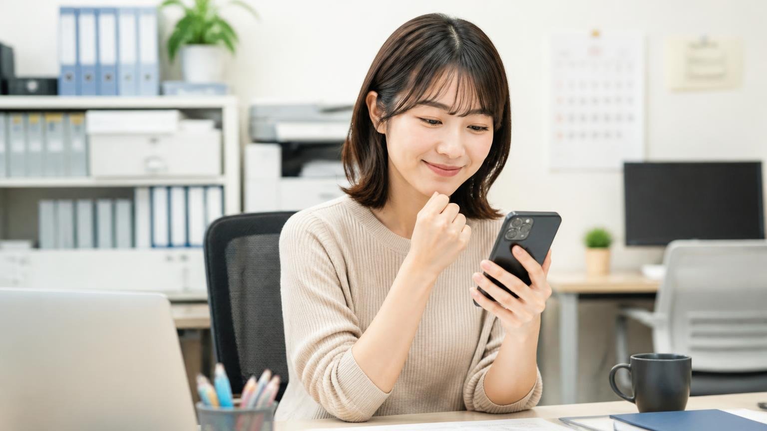 営業がうるさくないは口コミと公式サイトの両方で確認できる 事務所の机でスマホの着信履歴を見る場面 女性1人 ほっとした表情