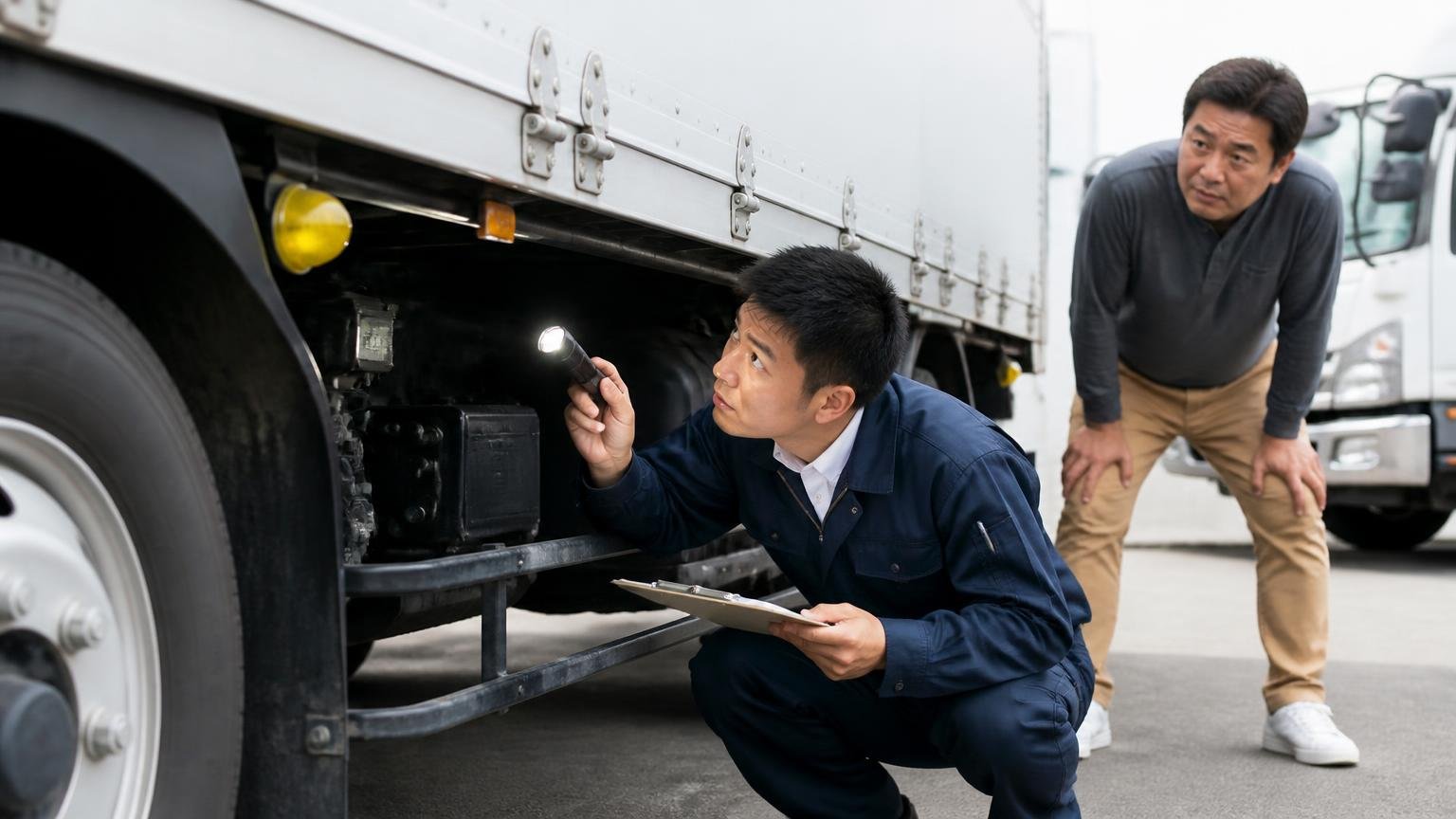 電話で聞いた金額より下がる仕組み 屋外の車庫で4tウイングの下回りを懐中電灯で照らして確認する査定士1人と見守る男性1人